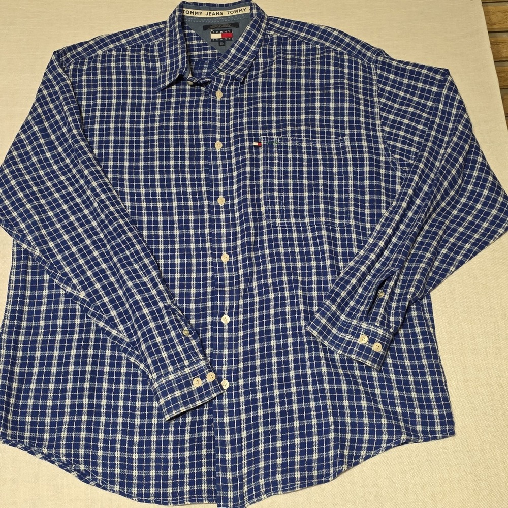 Vintage Tommy Hilfiger Y2K XXL Long Sleeve Blue White Plaid Button Down